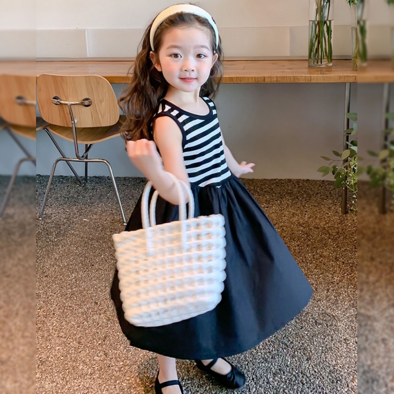 Đầm Dệt Kim Sát Nách Kẻ Sọc Thời Trang Mùa Hè Hàn Quốc Cho Bé Gái