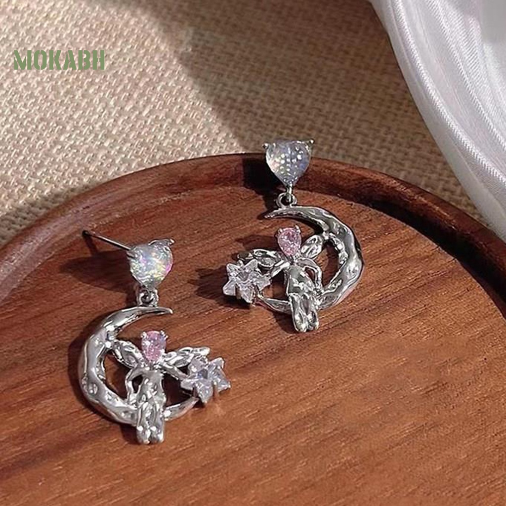 1 Đôi Bông Tai Hình Trái Tim Đính Đá Mặt Trăng Ngôi Sao Không Gây Dị Ứng Thời Trang