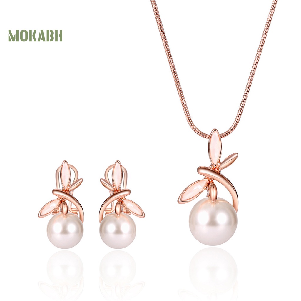 1 Bộ Vòng cổ + Bông Tai Hình Nơ Đính Ngọc Trai Giả Cho Nữ