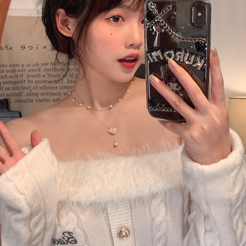 Vòng cổ Hai Lớp Đính Hoa Trà Và Ngọc Trai Sang Trọng Cho Nữ