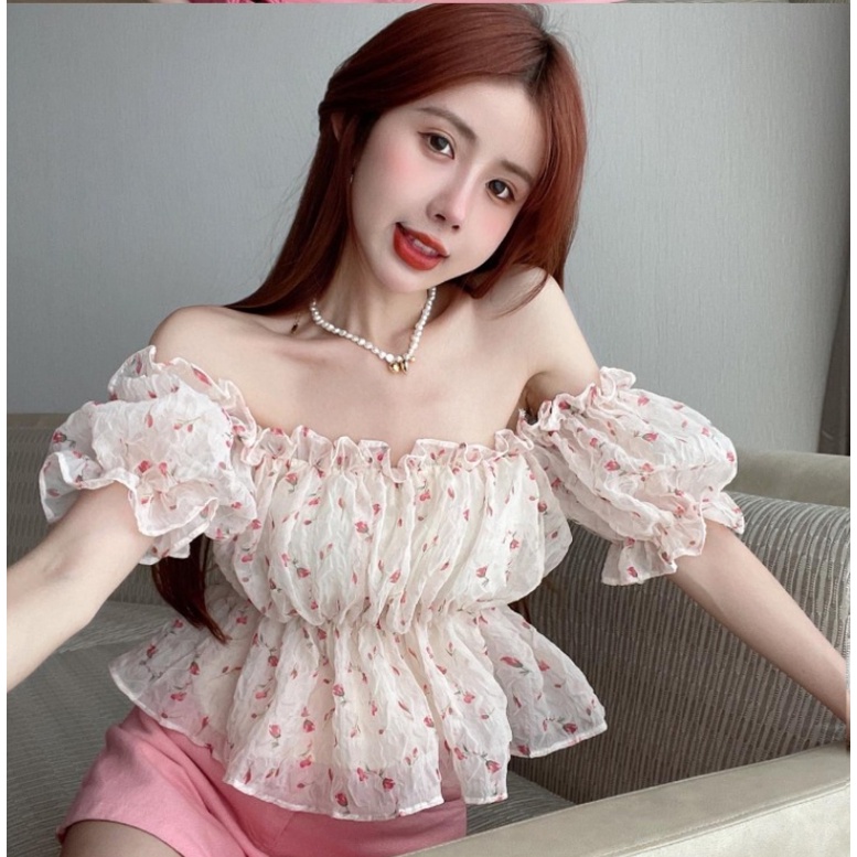Nzn Áo Sơ Mi Voan Crop top Trễ Vai Xẻ Tà In Họa Tiết Hoa Hàn Quốc Cho Nữ