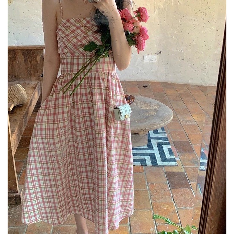 Đầm hai dây ZHUXIA dáng dài vừa họa tiết sọc caro màu hồng phong cách Pháp thời trang mới mùa hè