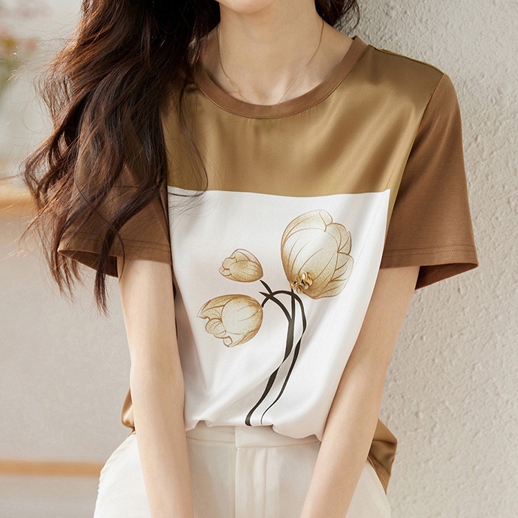 Áo Thun Satin Ba Chiều Tay Ngắn Đính Hạt Cườm Đơn Giản Dễ Phối Đồ Đa Năng Mẫu 2011