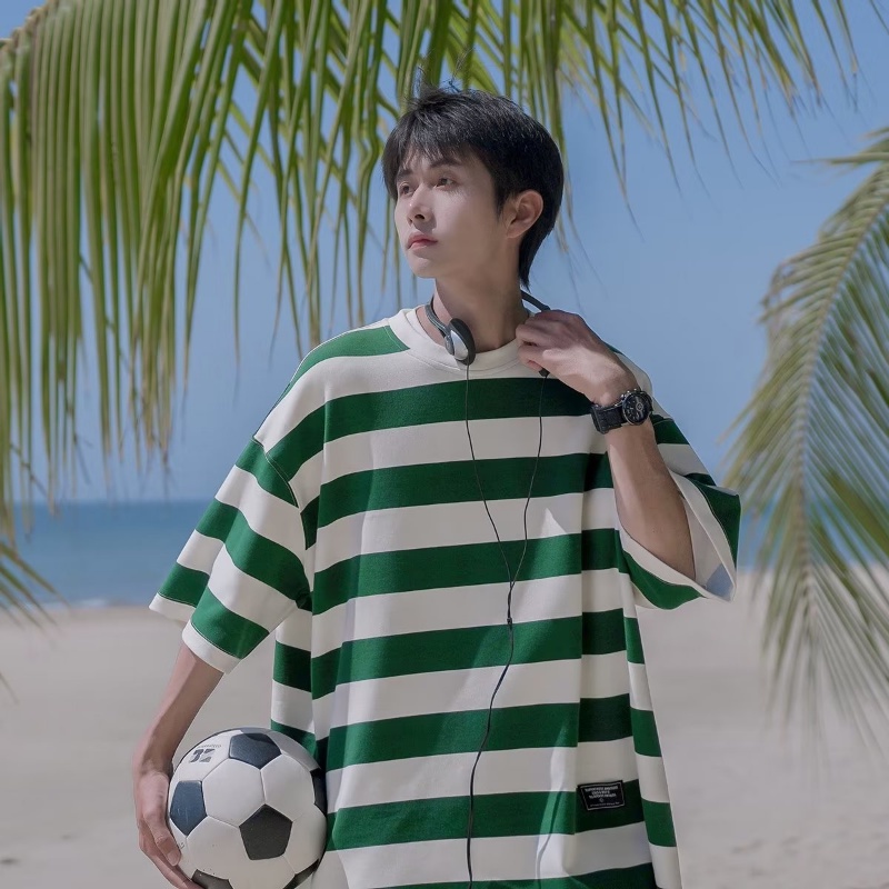 Áo Thun Nam Tay Lửng Họa Tiết Sọc Ngang Phong Cách Retro