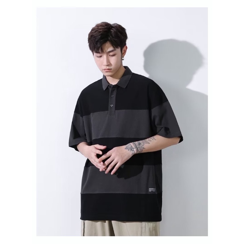 Áo Thun polo Tay Ngắn Dáng Rộng Họa Tiết Kẻ Sọc Màu Sắc Tương Phản Phong Cách Nhật Bản Thời Trang Mùa Hè Cho Nam