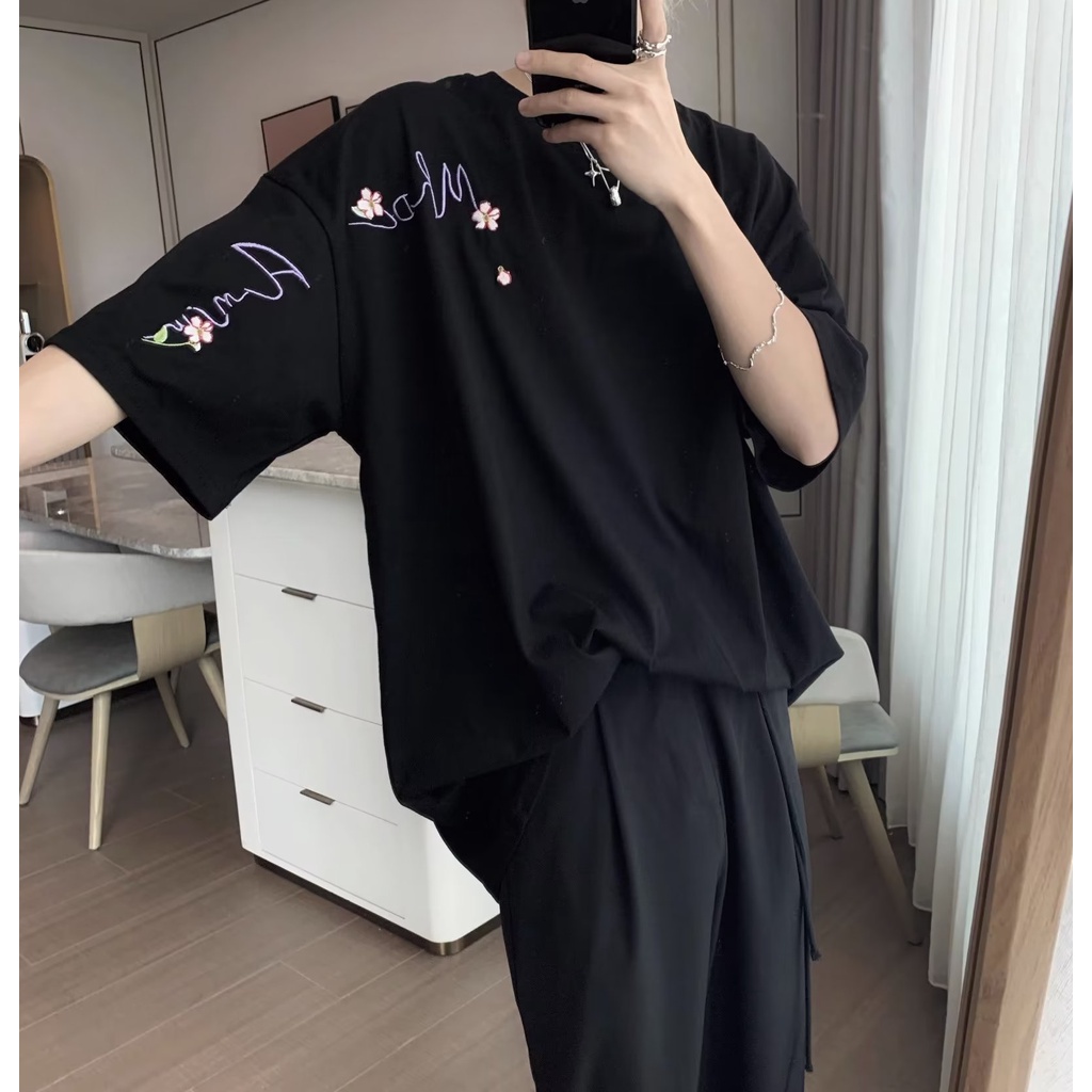 Áo Thun Cotton Ngắn Tay Dáng Rộng Thêu Hoa Nhỏ Kiểu Hàn Quốc Cho Nam