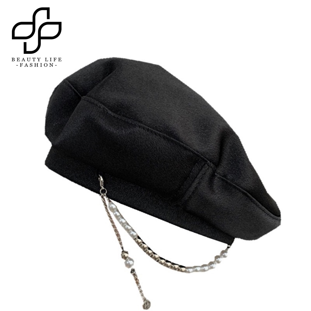 Nón Beret Không Vành Đính Ngọc Trai Giả Màu Trơn Thời Trang Cho Nữ