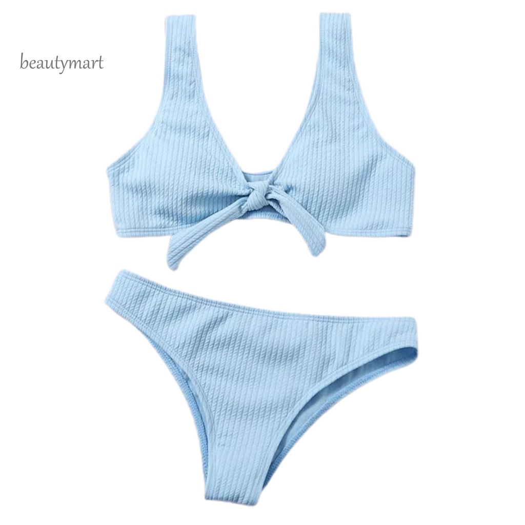 Bộ Đồ Bơi Hai Mảnh Màu Trơn Đính Nơ Co Giãn Dành Cho Nữ