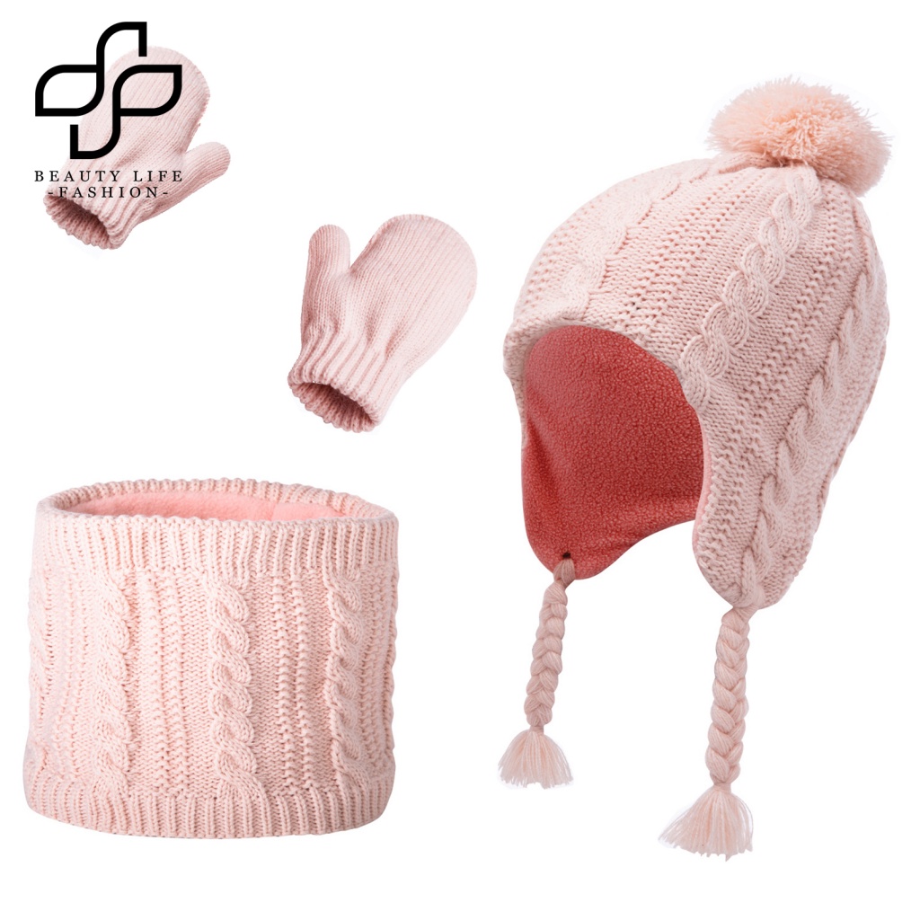 1 Bộ Nón Và Găng Tay Len Dệt Kim Đính Bóng Lông Cho Bé 2-5 Tuổi