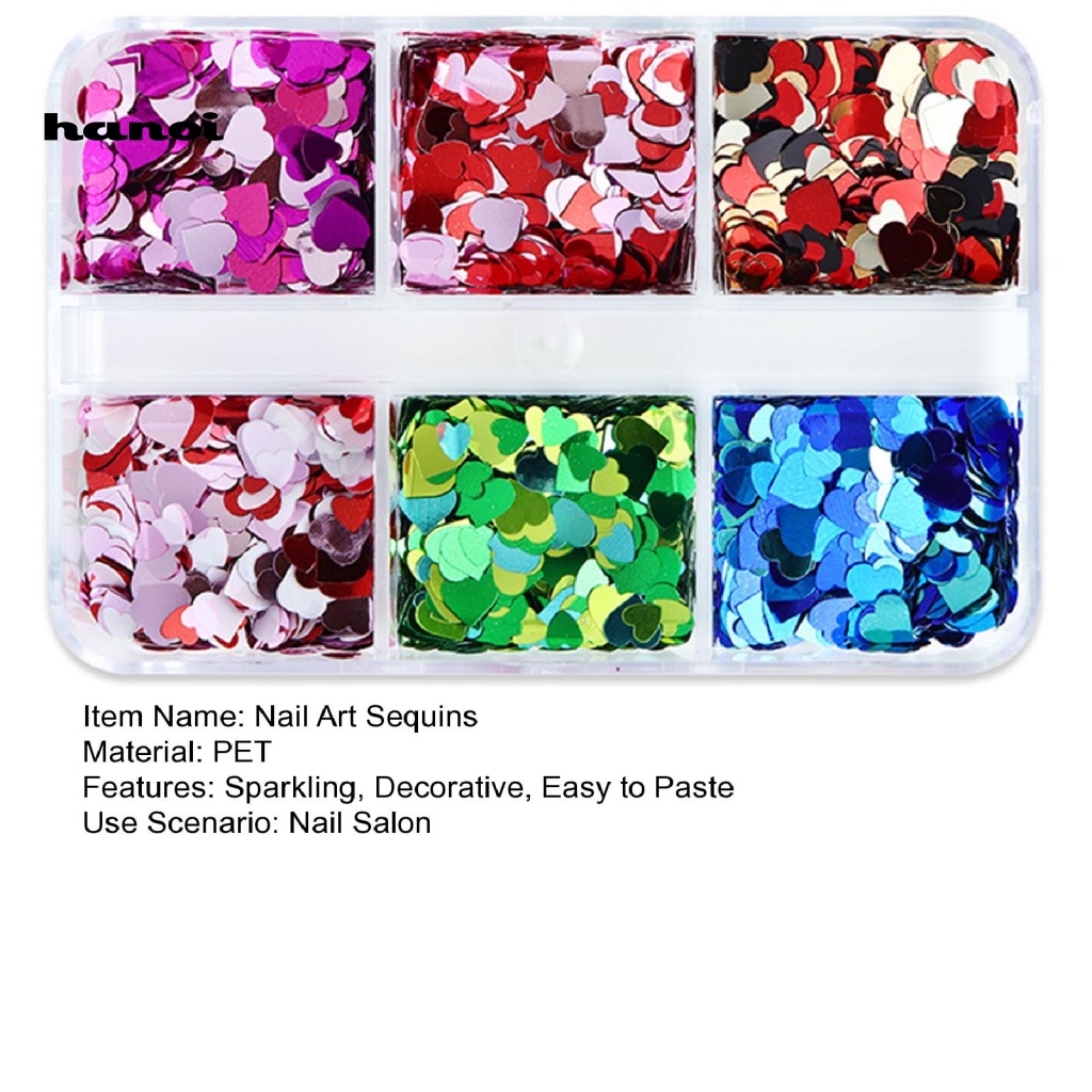 1 Hộp Kim Sa Phản Quang 6 Ngăn Trái Tim Trang Trí Móng Tay DIY