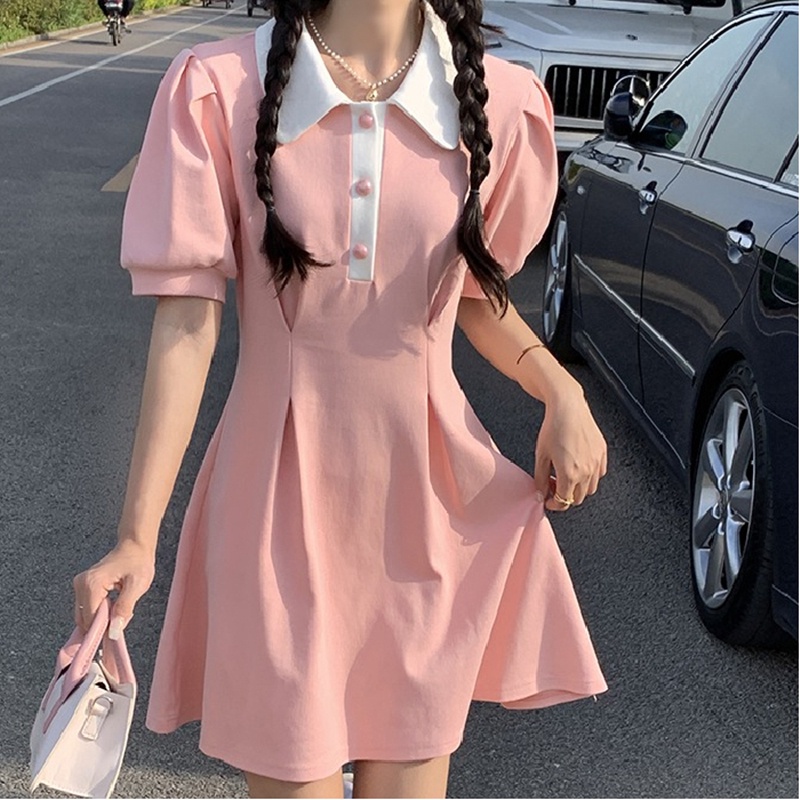 Đầm Chữ A Tay Ngắn Phồng Cổ Polo Đơn Giản Thời Trang Phong Cách Hàn Quốc Cho Nữ
