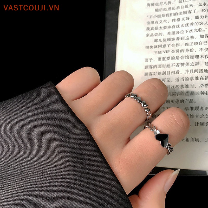 Bộ 2 Nhẫn Hình Trái Tim Màu Đen Phong Cách Cổ Điển Thời Trang Cho Nữ