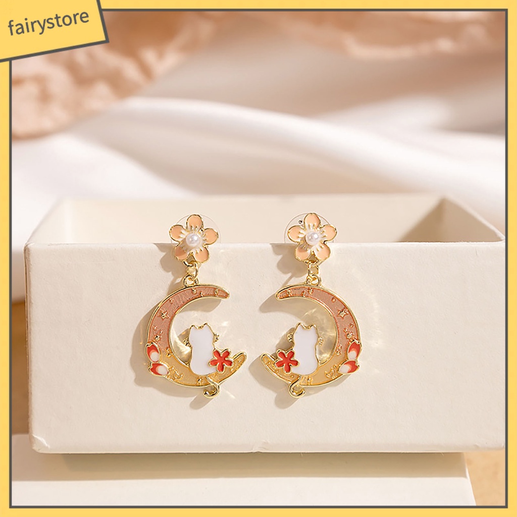 1 Đôi Bông Tai Xỏ Lỗ Mạ Điện Họa Tiết Hoa / Mặt Trăng / Thỏ / Hình Học Đơn Giản Thời Trang Dành Cho Nữ