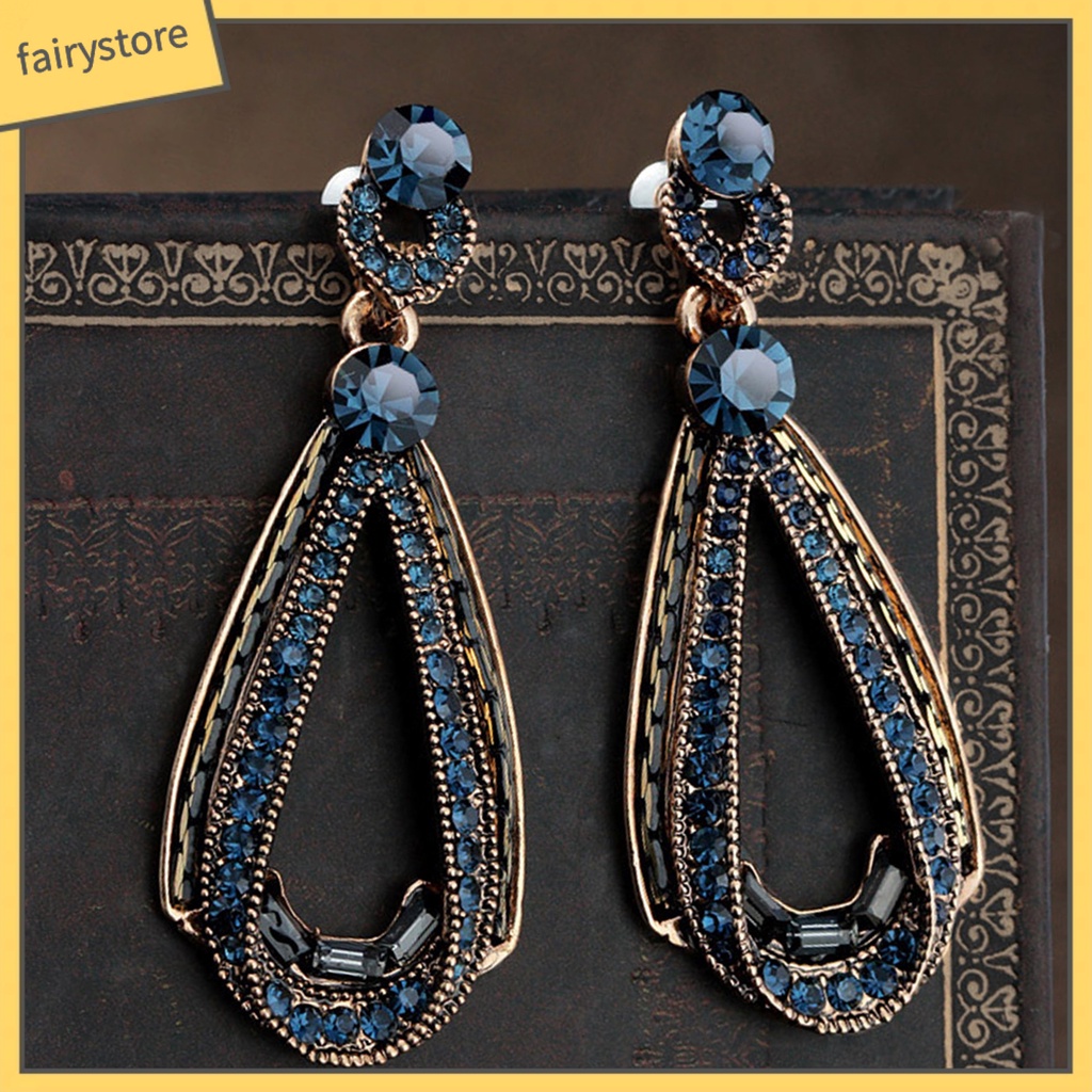 [FRO] Bông Tai Giọt Nước Đính Đá Xanh Lam Hình Giọt Nước Phong Cách Vintage Công Sở