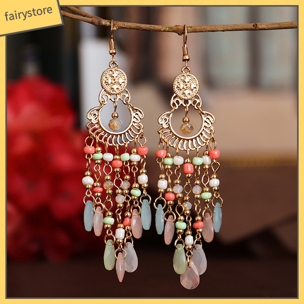 1 Đôi Bông Tai Dáng Dài Đính Hạt Phong Cách Bohemia Thời Trang Cao Cấp