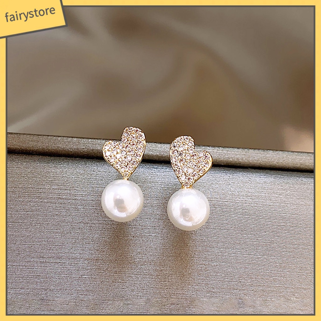 1 Đôi Bông Tai Hình Trái Tim Đính Ngọc Trai Giả Phong Cách Pháp Cổ Điển