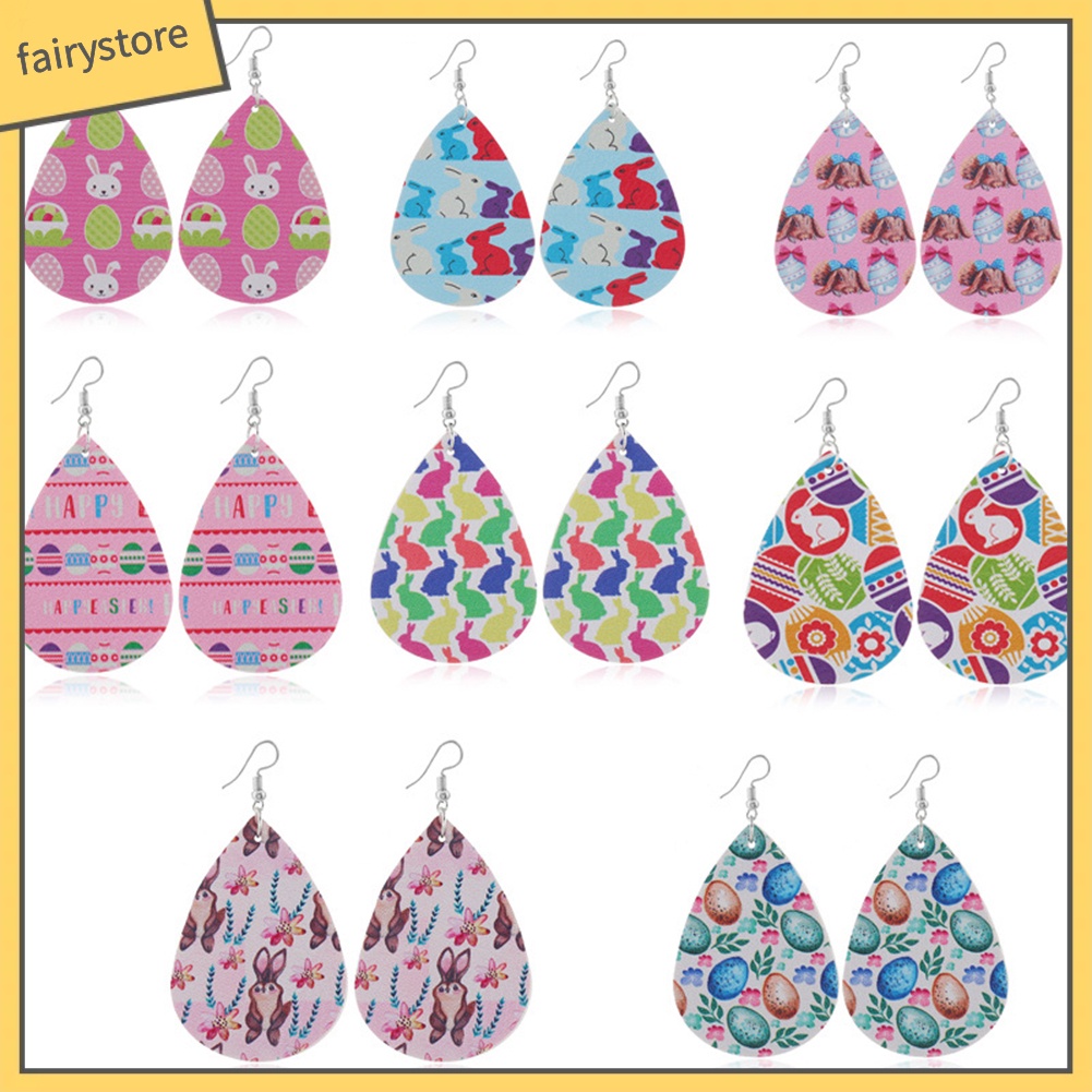 Bông Tai Giả Da Hình Giọt Nước Họa Tiết Thỏ Phục Sinh Dành Cho Nữ