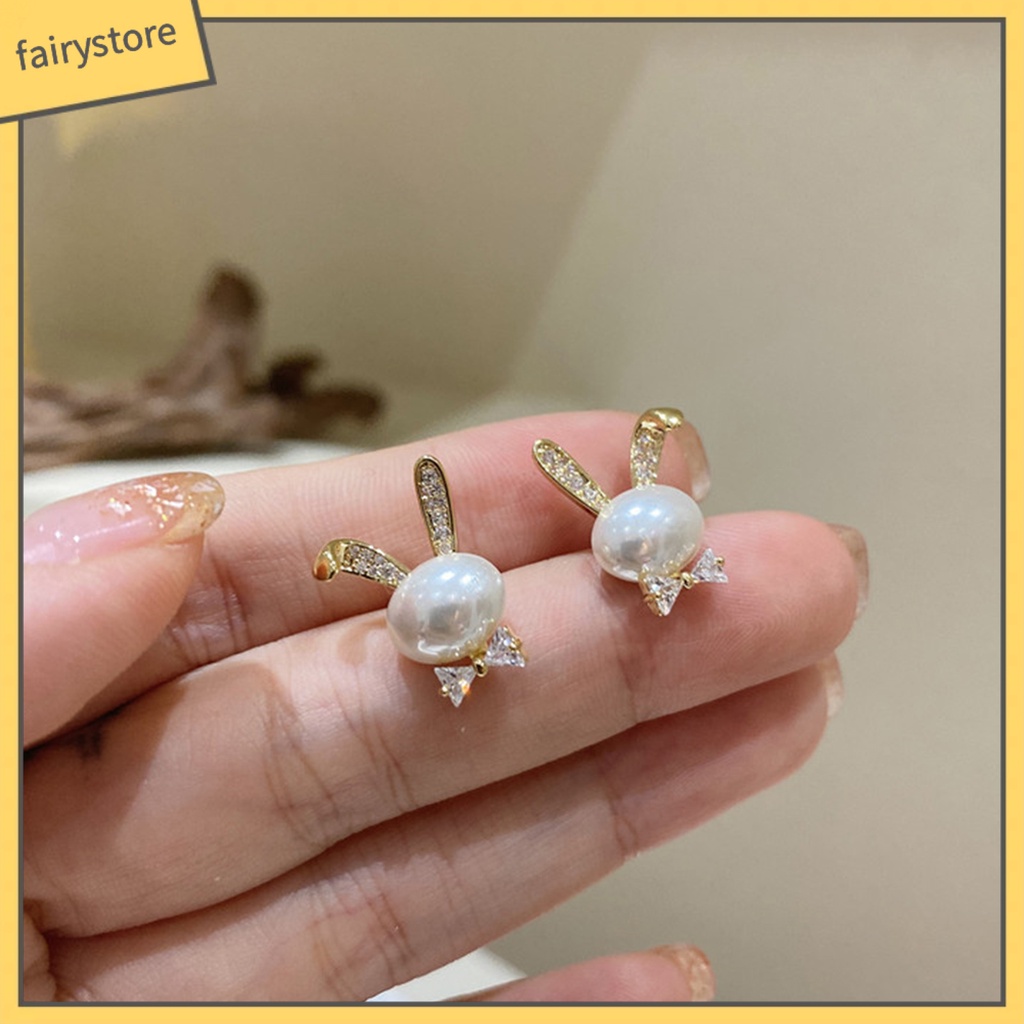 [FRO] 1 Đôi Khuyên Tai Xỏ Hạt Ngọc Trai Giả Hình Thú Không Gây Dị Ứng Trang Trí Khối Đá Zirconia Không Phai Màu Trang Sức Cho Nữ