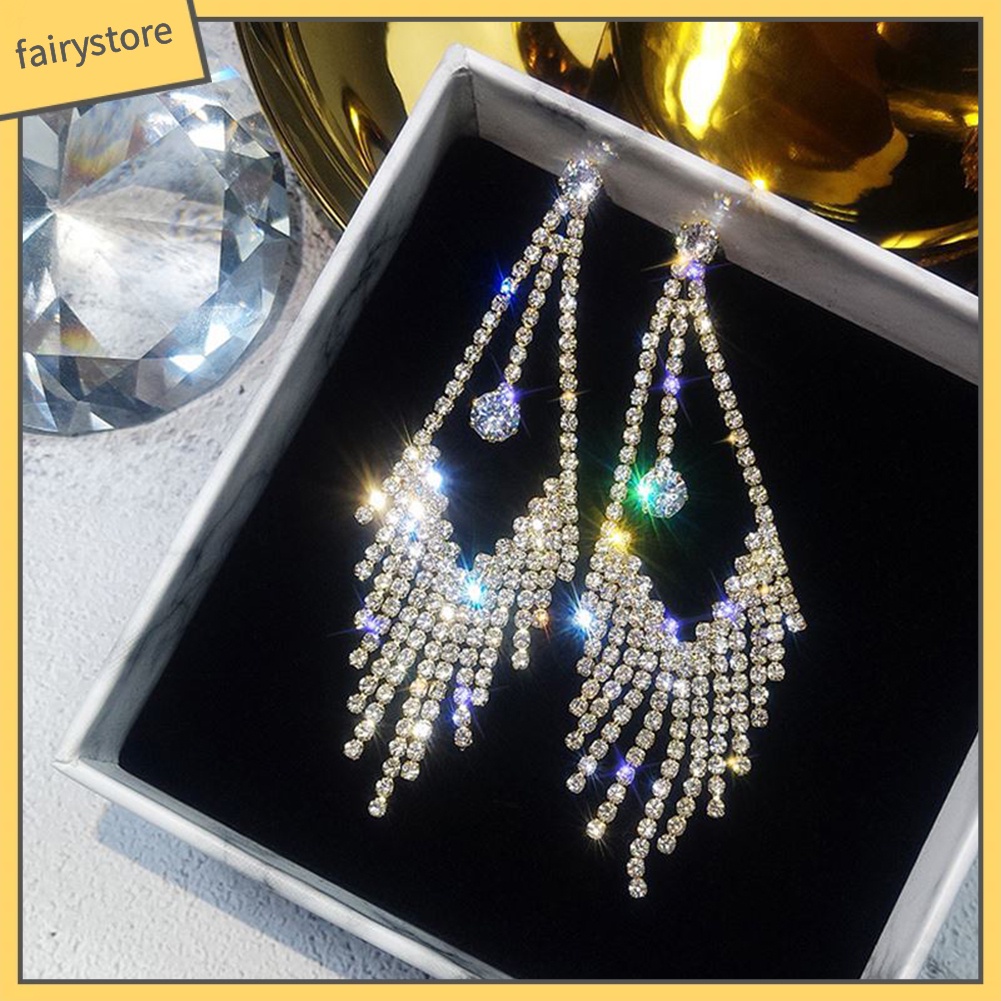 Bông Tai Dáng Dài Đính Đá Phối Tua Rua Sang Trọng Cho Nữ