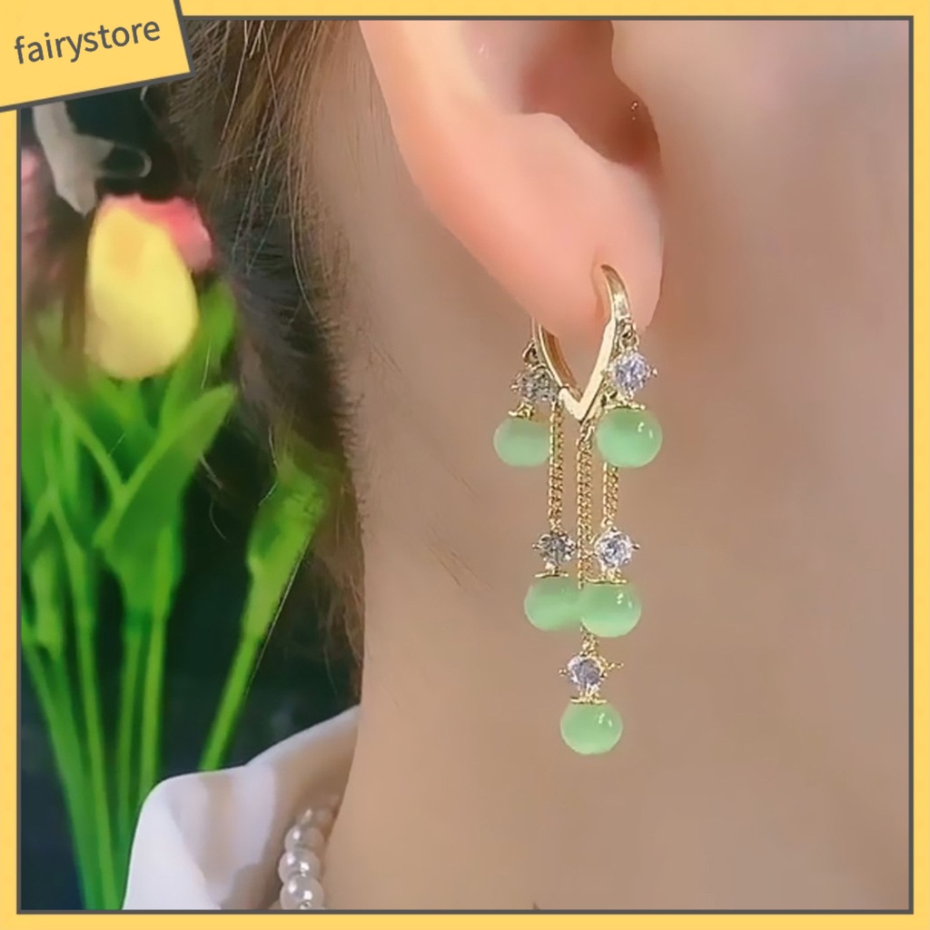 [FRO] 1 Đôi Bông Tai Thời Trang Bắt Mắt Mạ Vàng Ngọc Lục Bảo Tua Rua Đánh Bóng Tinh Tế Màu Xanh Lá Cây Nhân Tạo