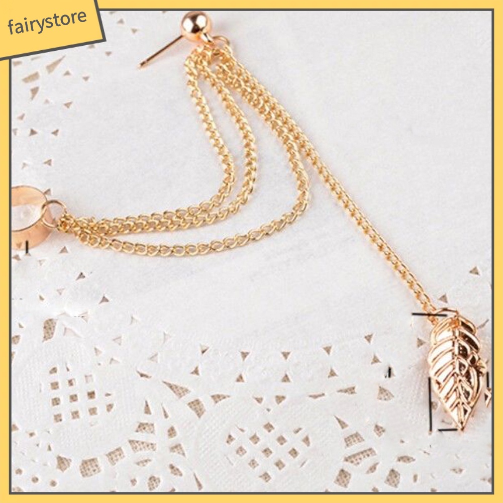 Bông Tai Kiểu Kẹp Hình Lá Phối Dây Xích Phong Cách Punk Rock Thời Trang Cho Nữ