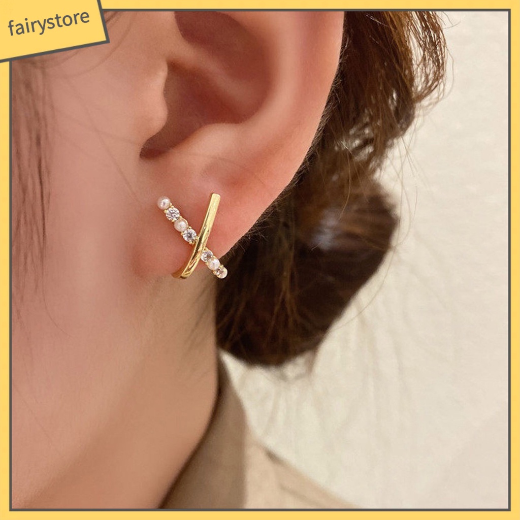 [FRO] 1 Đôi Bông Tai Đinh Tán Mạ Điện Thiết Kế Hình Học Chéo Đính Ngọc Trai Giả Sáng Bóng Nhẹ Nhàng Mặc Hàng Ngày