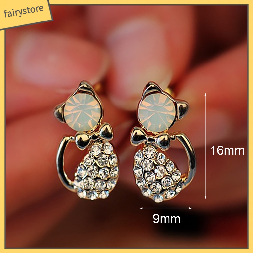 1 Đôi Bông Tai Hình Mèo Đính Đá Dễ Thương Dành Cho Nữ