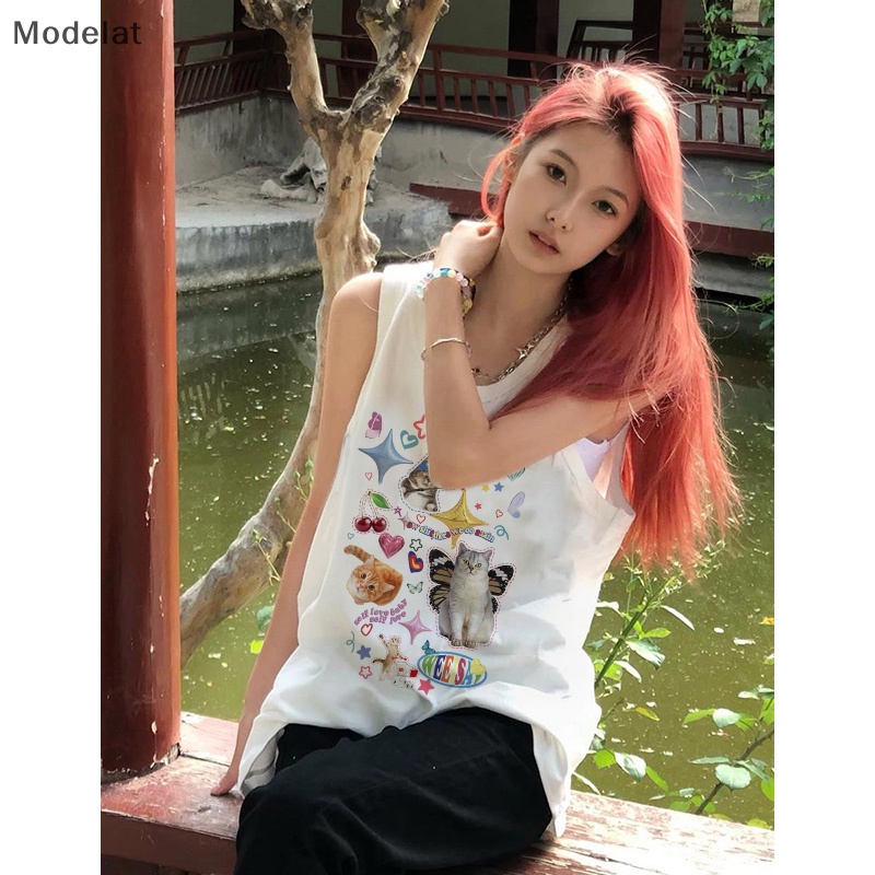 Áo Sát Nách Cổ Tròn Dáng Rộng In Họa Tiết Mèo Kiểu Retro Mỹ Thời Trang Mùa Hè Cho Nữ