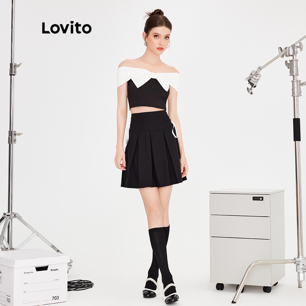 Áo không tay Lovito ghép nối màu sắc phối nơ màu trơn dễ thương cho nữ L51ED068 (Màu trắng và đen)