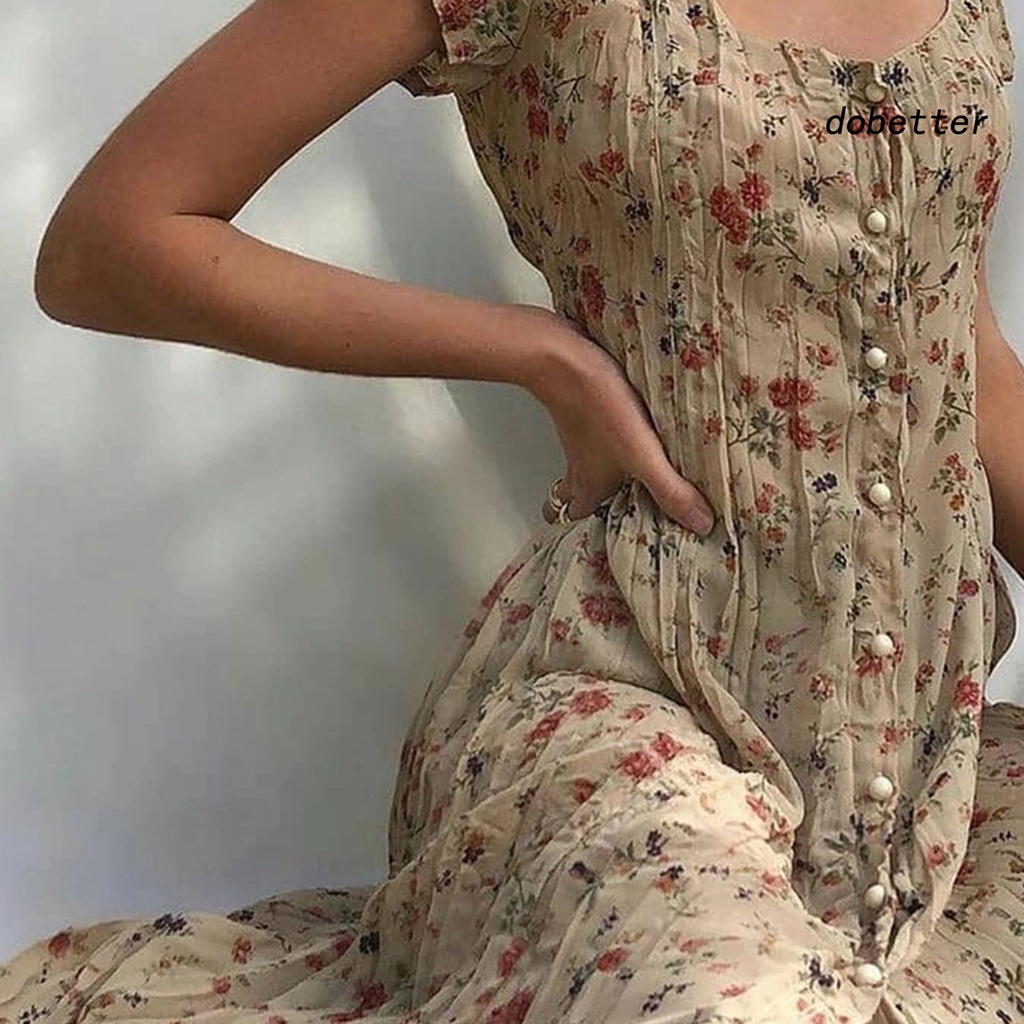 [DO] Đầm Maxi Tay Ngắn In Hoa Viền Lớn Cài Một Hàng Nút Thanh Lịch Mùa Hè Cho Nữ