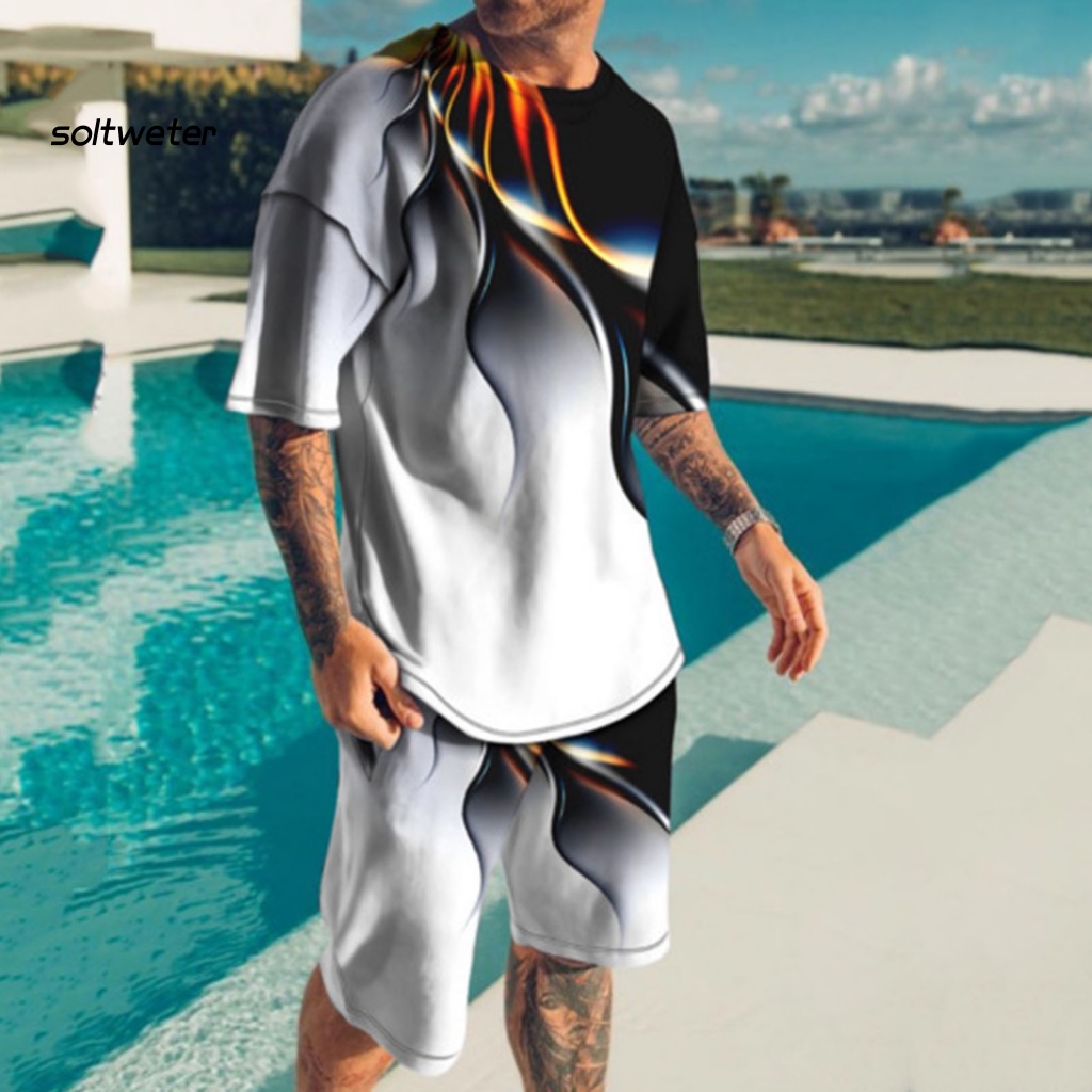 Set Đồ Mùa Hè 2 Món Gồm Áo Thun Tay Cộc Cổ Tròn Có Túi In Họa Tiết Kẻ Sọc 3D + Quần Shorts Cho Nam