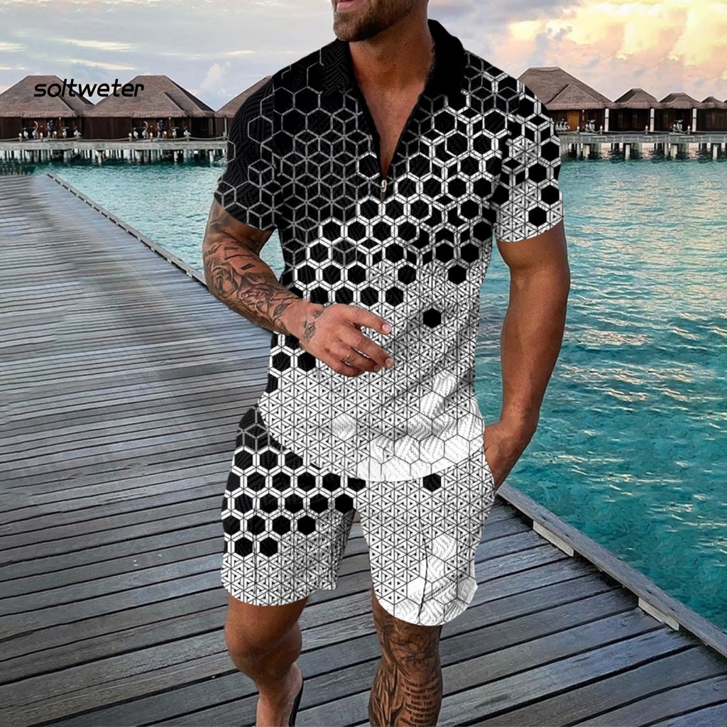 1 Bộ Đồ Thể Thao Đi Biển Mùa Hè Gồm Áo Cổ Bẻ In Họa Tiết Kỹ Thuật Số + Quần Short Có Túi Cho Nam