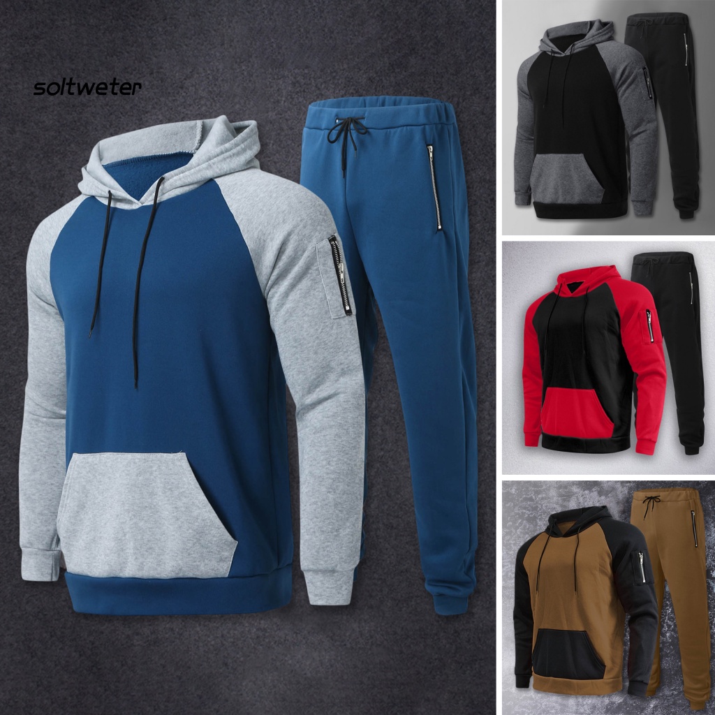 Bộ 2 Món Áo Sweater Tay Dài Có Nón + Dây Rút + Túi Lót Lông Cừu Giữ Ấm Màu Sắc Tương Phản