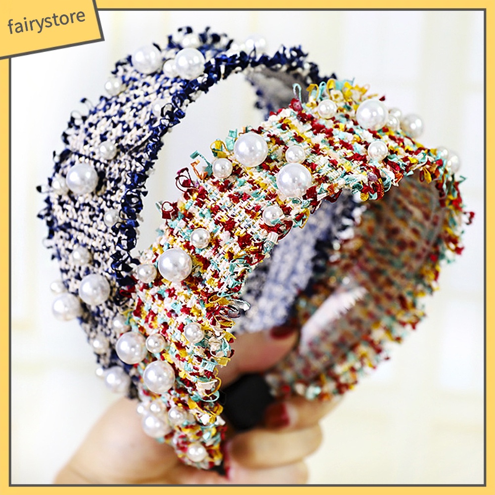 Băng Đô Dệt Kim Đính Ngọc Trai Nhân Tạo Phong Cách Hàn Quốc Cho Nữ