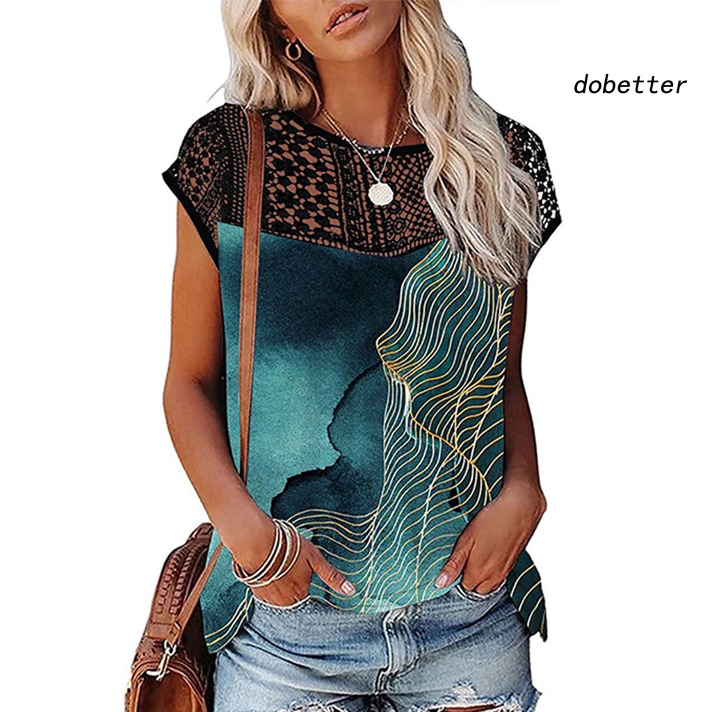 [DO] Áo Thun Tay Ngắn Cổ Tròn Phối Ren Rỗng Màu Trơn In Hình Dating Thời Trang Mùa Hè Dành Cho Bạn Nữ