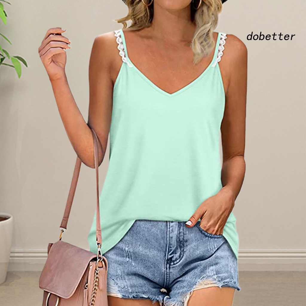 Áo Thun Sát Nách Dáng Rộng Cổ Chữ V Phối Ren Màu Trơn Thời Trang Mùa Hè Cho Nữ