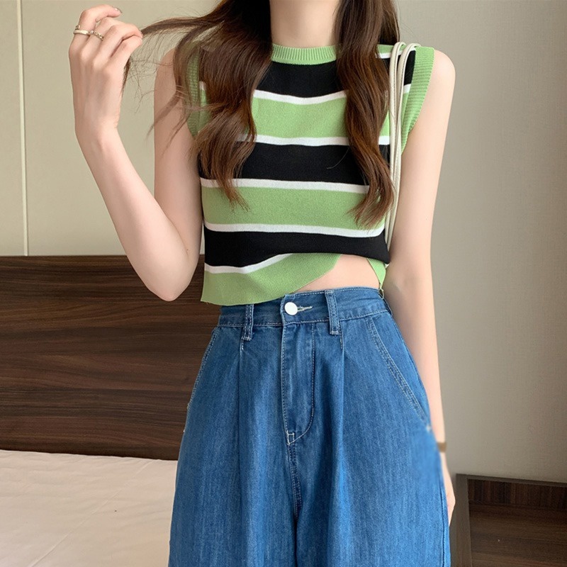 Áo Tank Top Hai Dây Cổ Tròn Họa Tiết Kẻ Sọc Phong Cách Hàn Quốc Thời Trang Quyến Rũ Cho Nữ