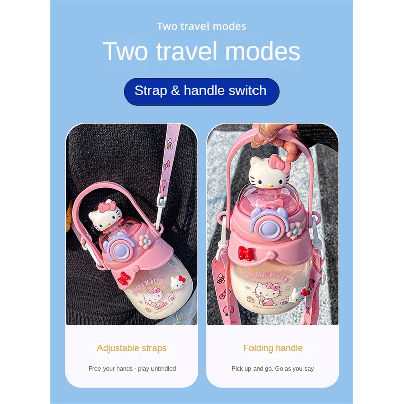 Sanrio 3D Hello Kitty nồi bụng chai nước mùa hè cô gái trái tim 750ml chống mùa thu kuromi rơm chai nước di động cho thể thao ngoài trời-rosser2