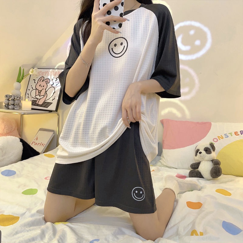 Bộ Đồ Ngủ Ngắn Tay Dáng Rộng In Hoạt Hình Mặt Cười Waffle Dễ Thương Thời Trang Mùa Hè Cho Nữ