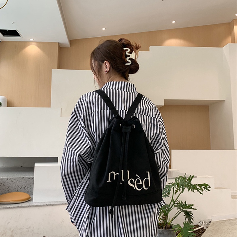 Ba Lô Rút Dây Bằng Vải Bạt Đơn Giản Sức Chứa Lớn In Chữ Thời Trang Phong Cách Hàn Quốc Cho Nữ