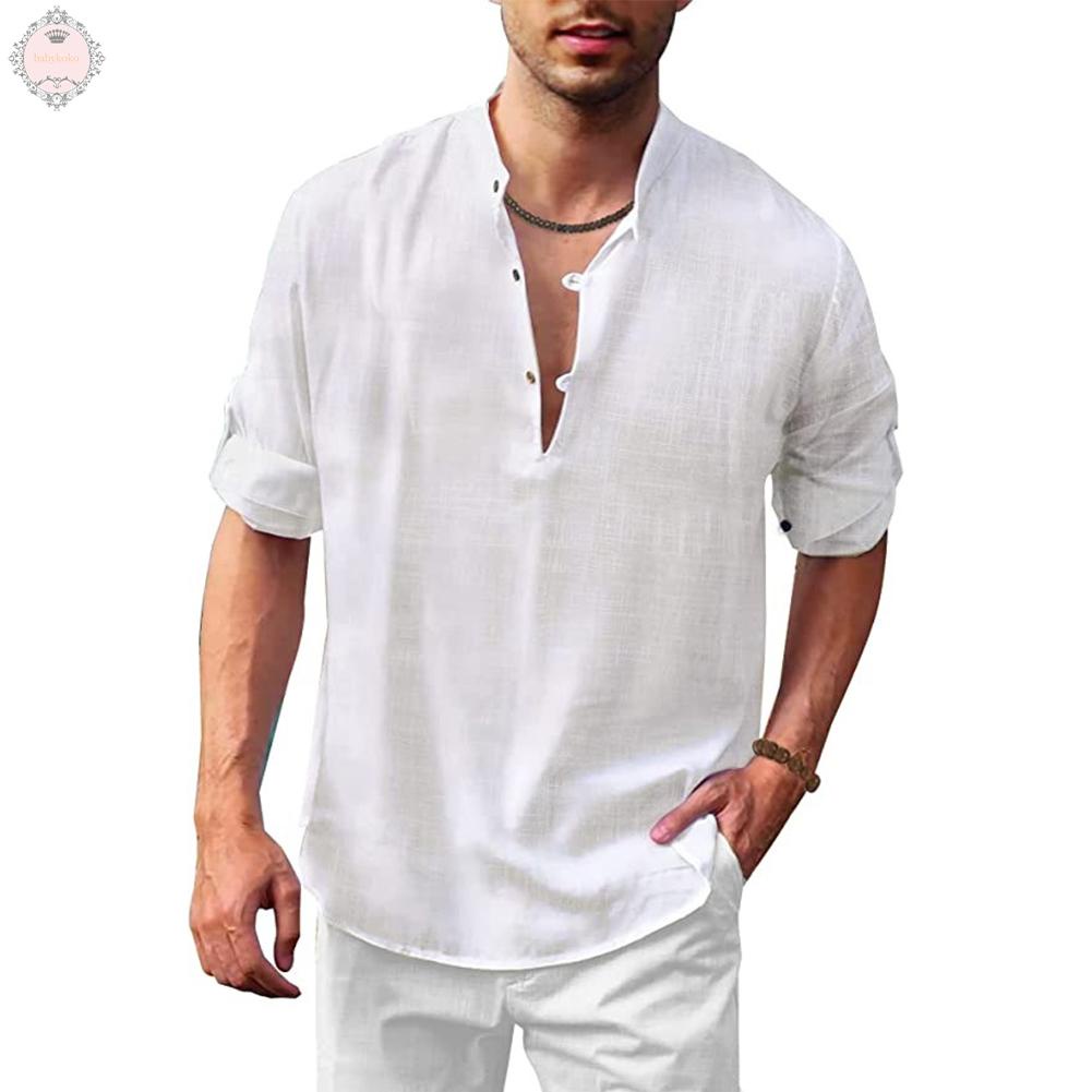 Comfortable Cotton Blend Men's Button Down Henley V Neck Long Sleeve Loose Shirt Tops