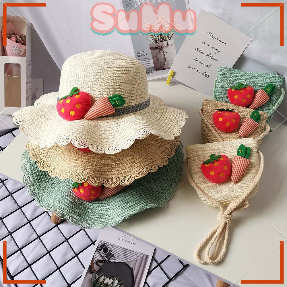 Mũ Đan Cói Chống Nắng Họa Tiết Dâu Tây Dễ Thương Thời Trang Đi Biển Mùa Hè Cho Bé Gái