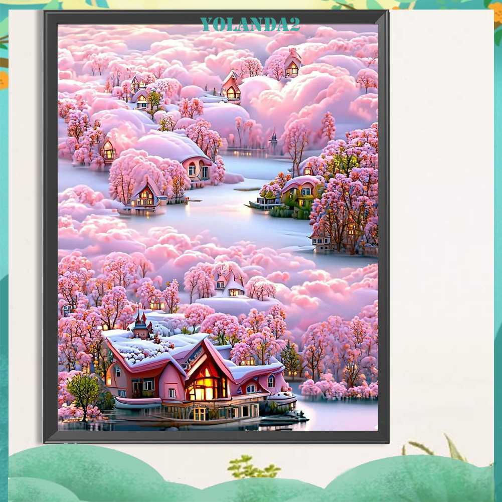 Tranh Đính Đá Kim Cương Toàn Bộ 5D DIY Hình Vẽ Biệt Thự Núi Và Hoa