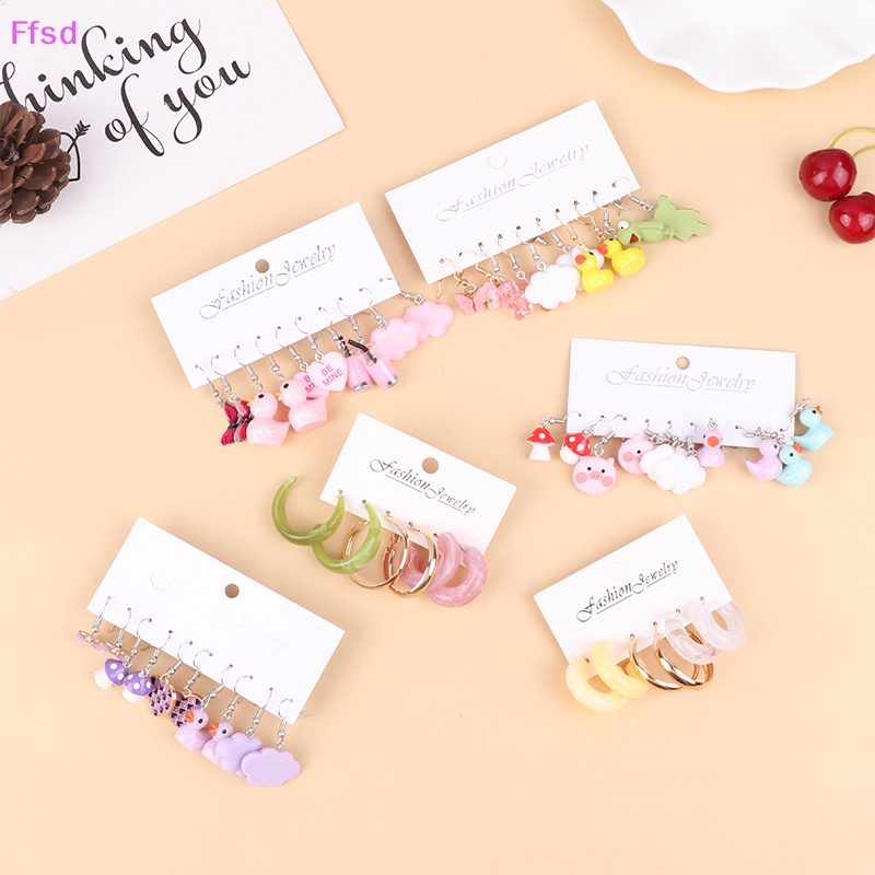 {Ffsd} Bộ Khuyên Tai Hình Học / Trái Tim / Bướm Nhiều Màu Dễ Thương Hợp Thời Trang Làm Quà Tặng Cho Nữ