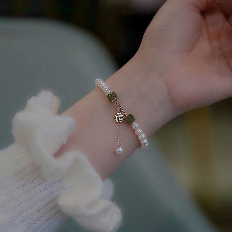 [beautifulhome] Vòng Tay Ngọc Trai Màu Xanh Lá / Đỏ Phong Cách Trung Hoa Cổ Điển Dễ Thương Làm Quà Tặng Trang Sức Cho Nữ [beauty