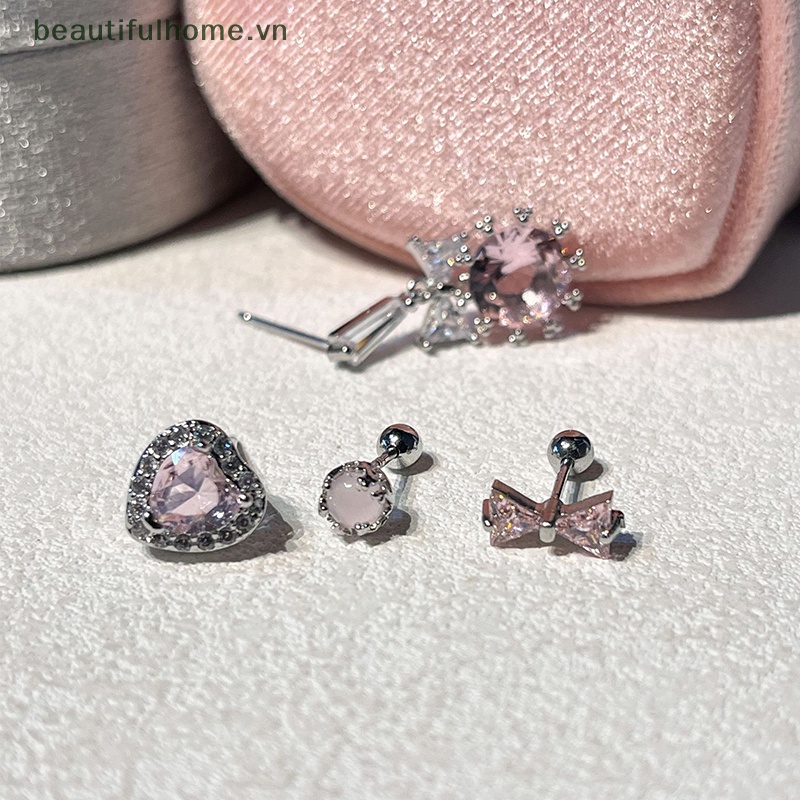 Bông Tai Hình Nơ / Trái Tim Phối Tua Rua Đính Đá Zircon Màu Hồng Ngọt Ngào Dễ Thương Cho Nữ