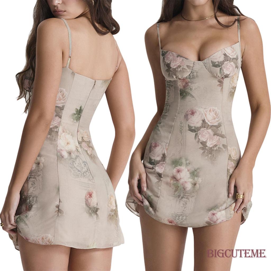 [] - Đầm Hai Dây Mỏng Hở Lưng Khoét Sâu In Hoa Mùa Hè Cho Nữ