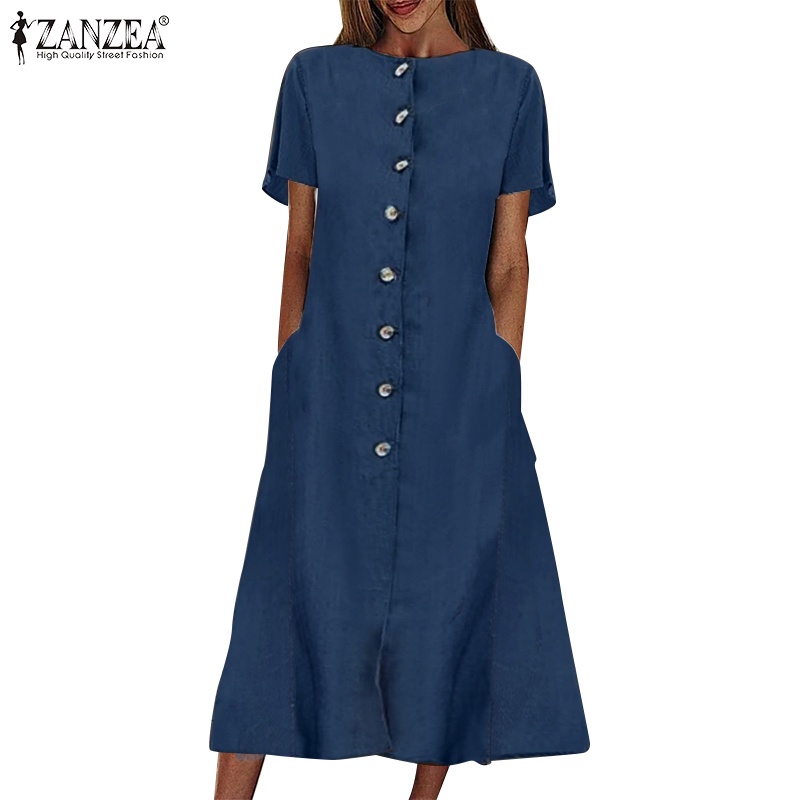 Zanzea Đầm Ngắn Tay Cổ Tròn Form Rộng Phong Cách Cổ Điển Dành Cho Nữ