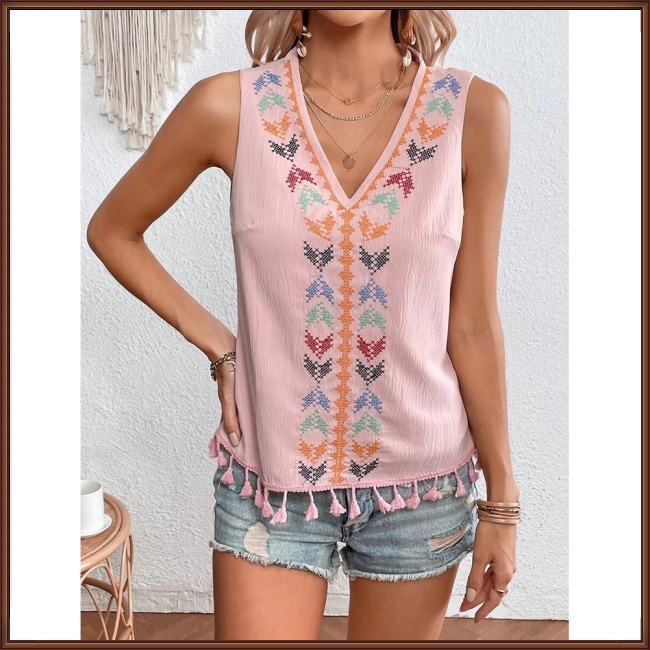 Áo Tank Top Không Tay Cổ Chữ V Viền Tua Rua Thêu Họa Tiết Phong Cách Boho Thời Trang Cho Nữ