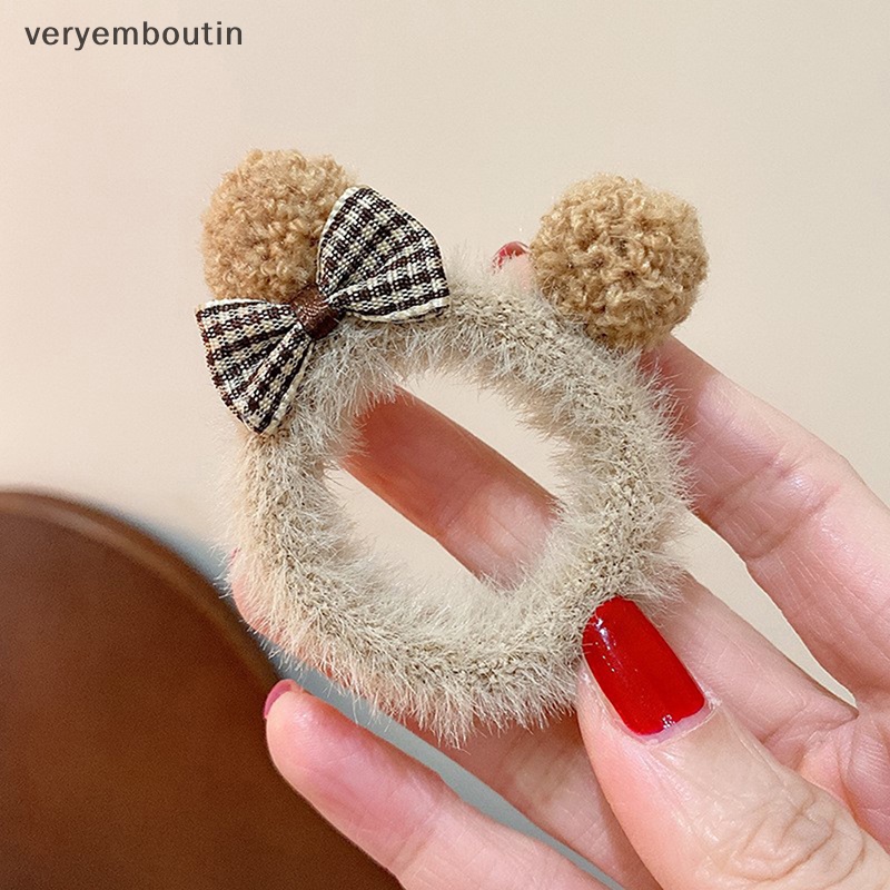 Dây Cột Tóc Co Giãn Đính Lông Giả Hình Gấu Dễ Thương Cho Nữ